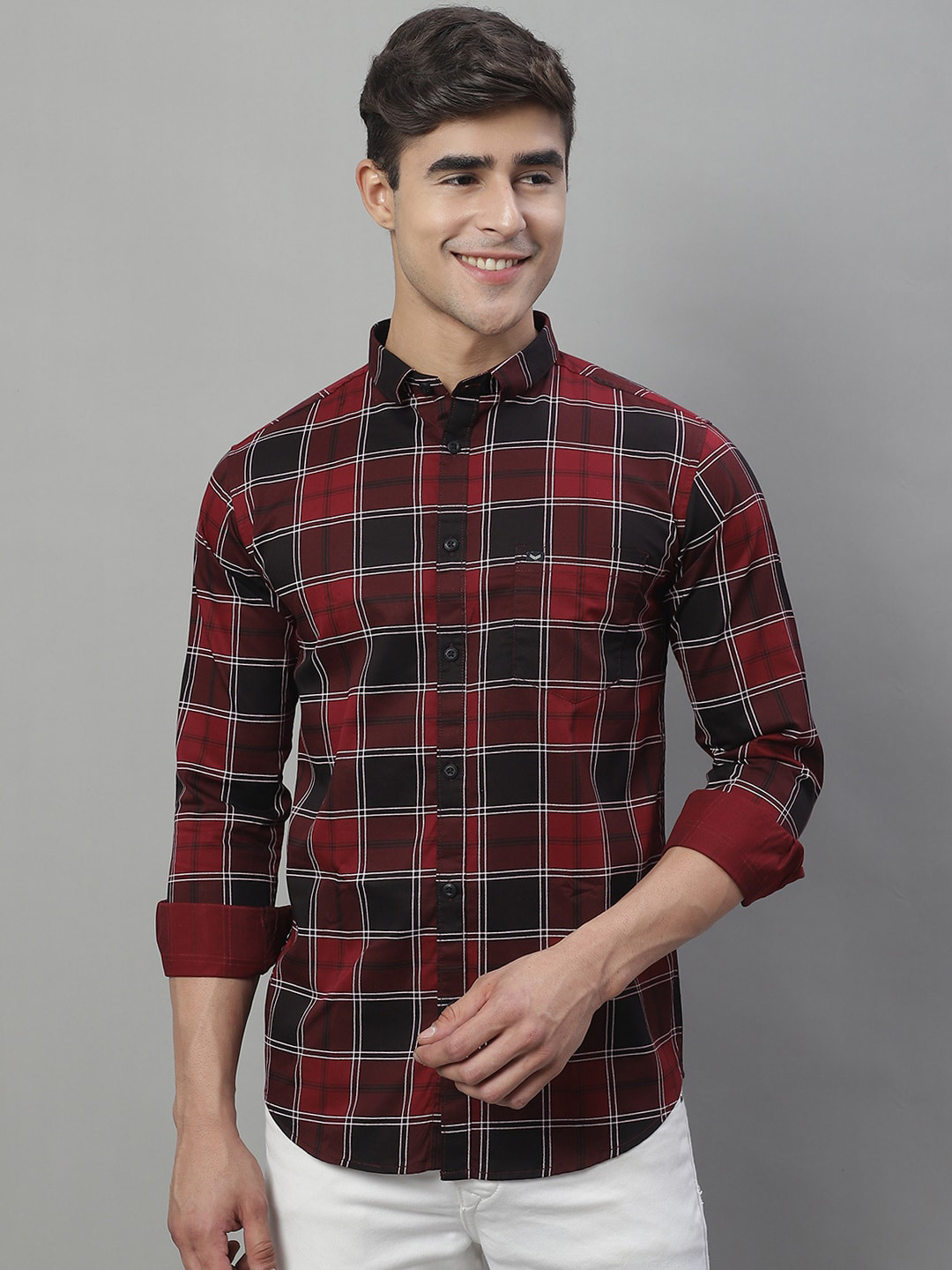 

Majestic Man Standard Slim Fit Tartan Checks Pure Cotton Checked Casual Shirt, Maroon