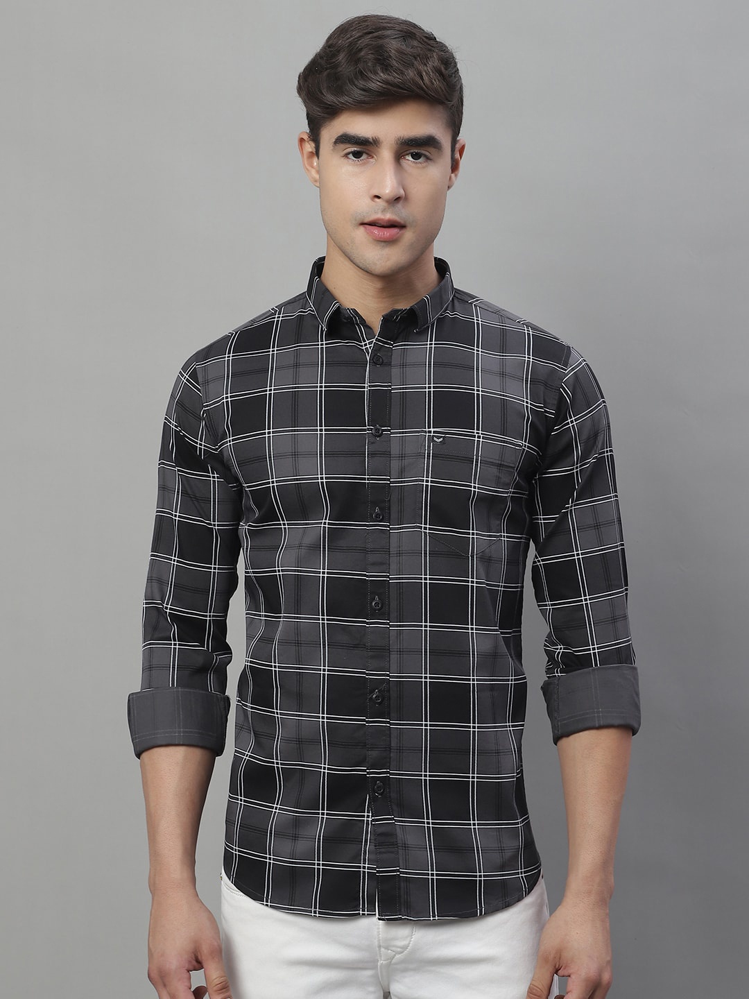 

Majestic Man Standard Slim Fit Tartan Checks Pure Cotton Checked Casual Shirt, Grey