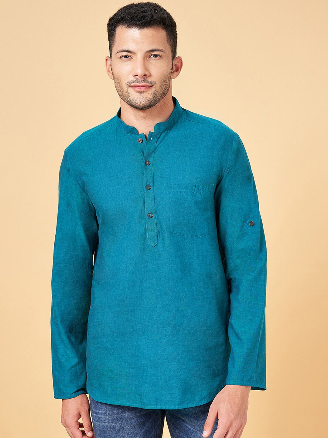 

indus route by Pantaloons Mandarin Collar Cotton Kurta, Teal