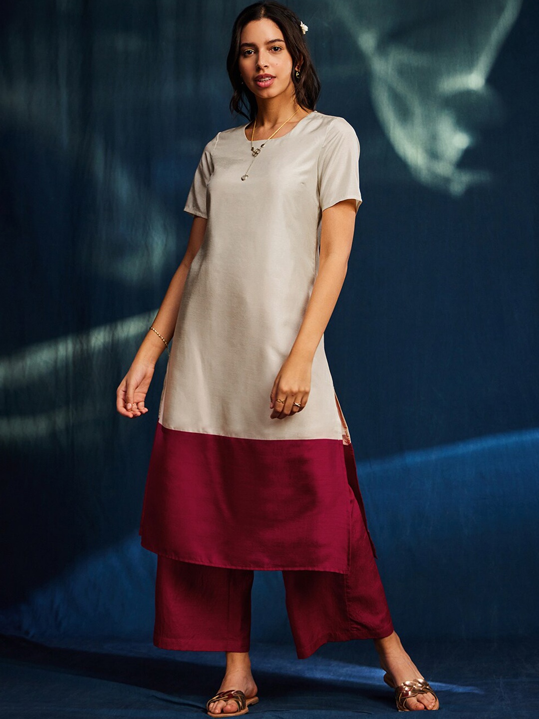 

Pink Fort Colourblocked Round Neck Kurta With Palazzos, Cream