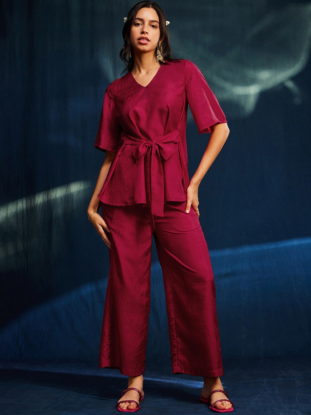 

Pink Fort V-Neck Front Tie-up Top With Palazzos, Maroon