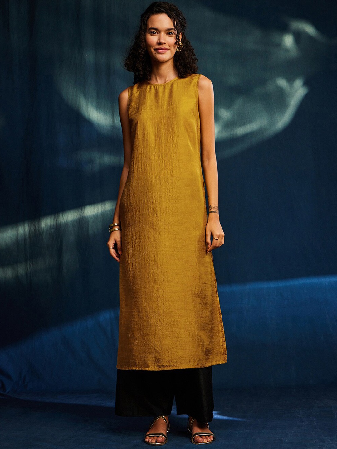 

Pink Fort Round Neck Kurta With Palazzos, Mustard