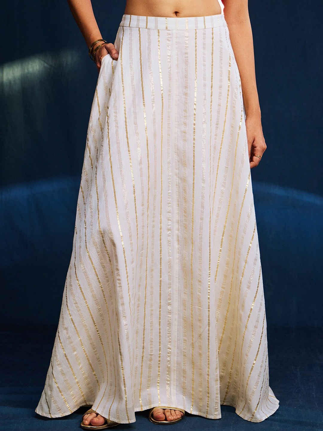 

Pink Fort Striped A-Line Maxi Skirt, White