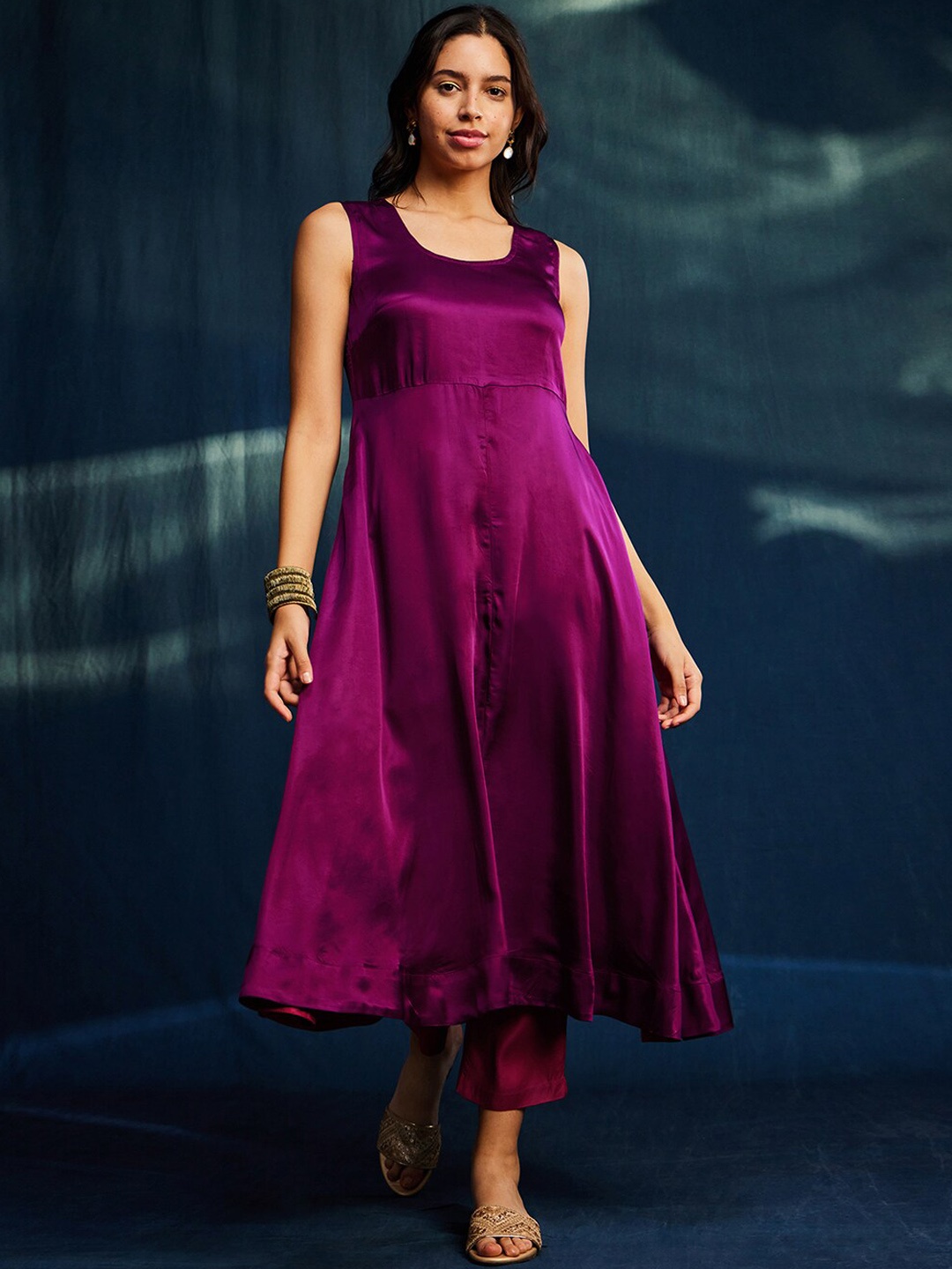 

Pink Fort Round Neck A-Line Satin Kurta with Trousers, Purple