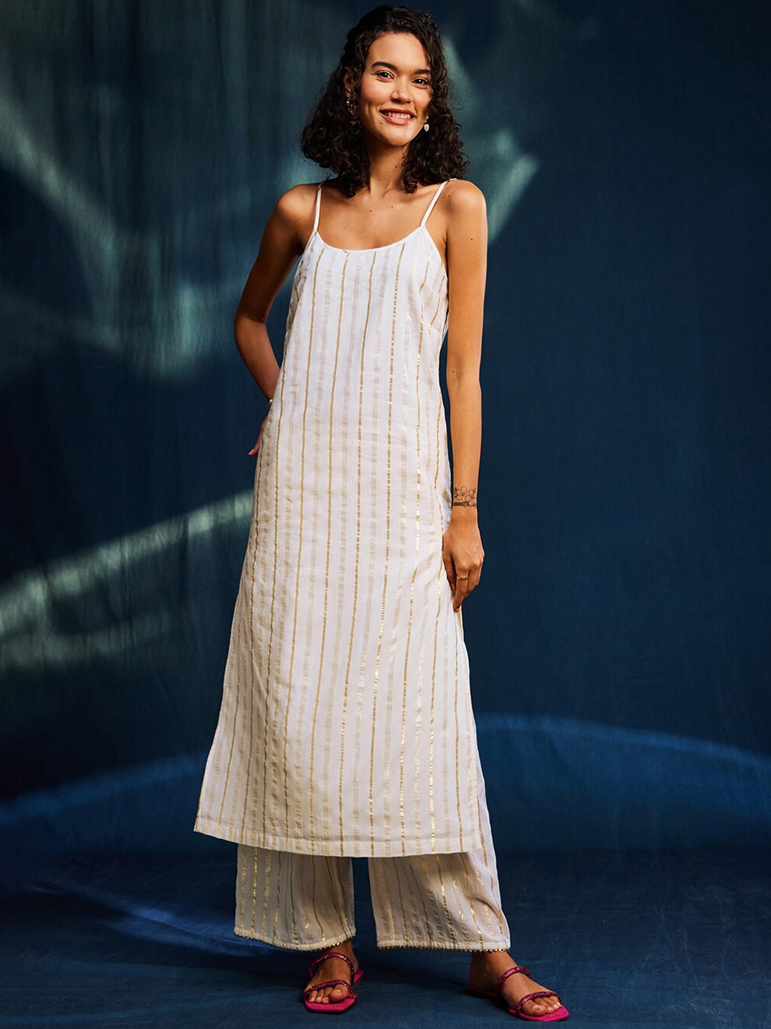 

Pink Fort Striped Shoulder Strap Kurta with Palazzos, Cream