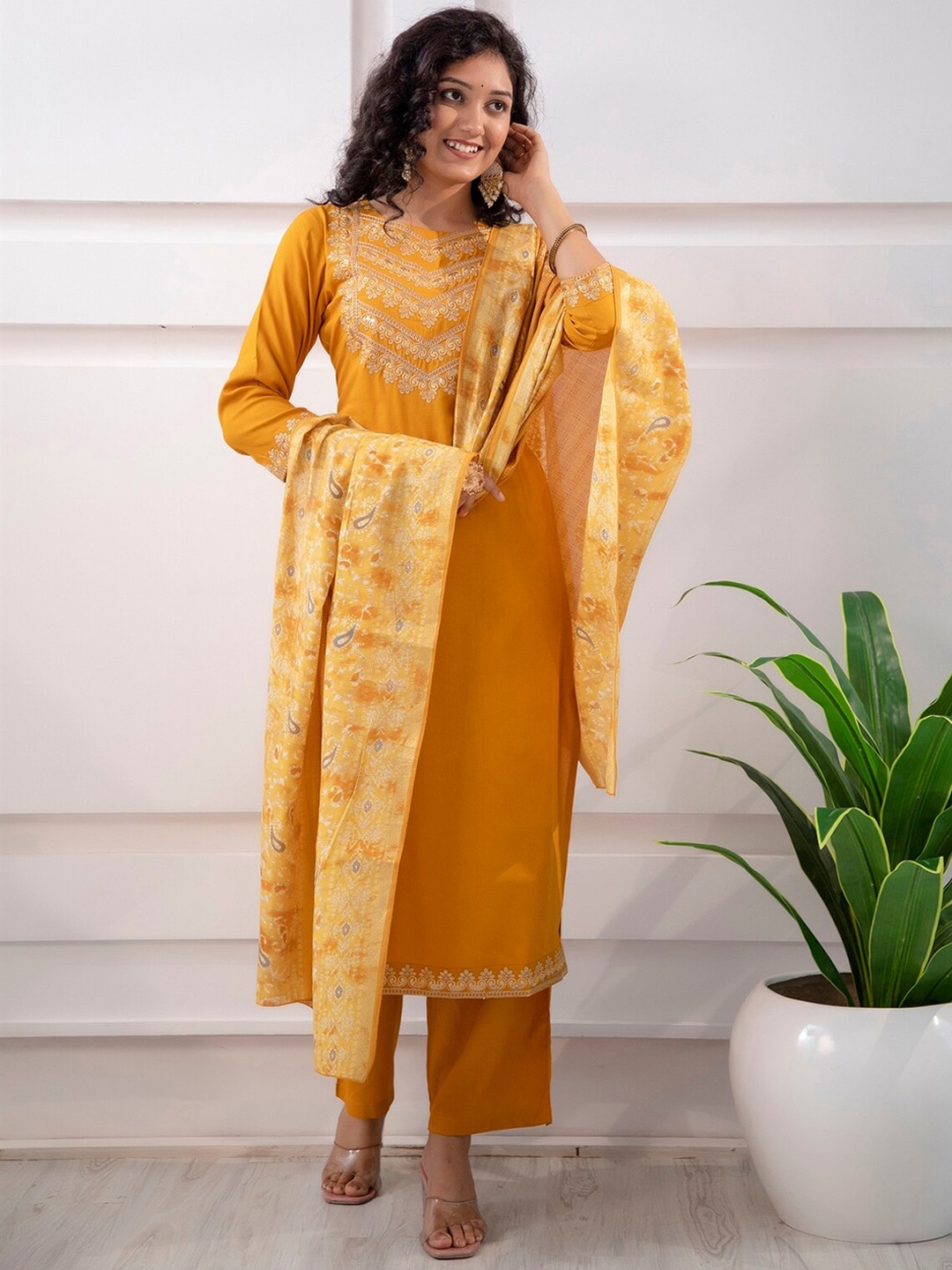 

Nehamta Ethnic Motifs Round Neck Thread Work Kurta Set With Dupatta, Mustard