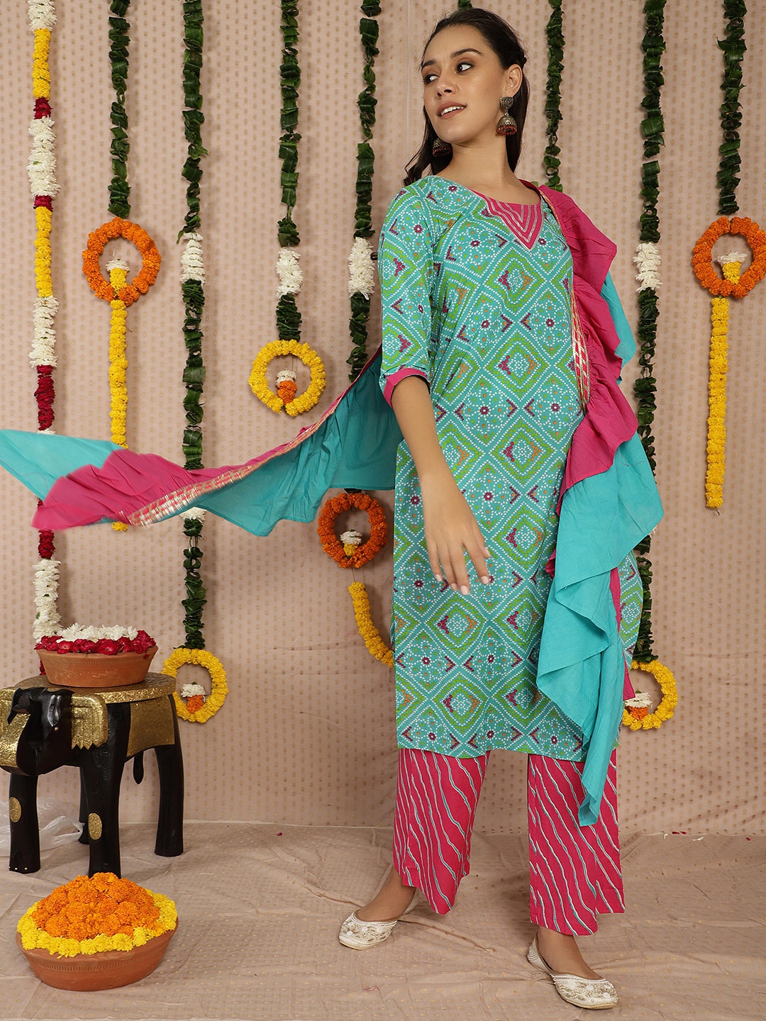 

AKS Ethnic Motifs Printed Pure Cotton Kurta with Palazzos & Dupatta, Blue