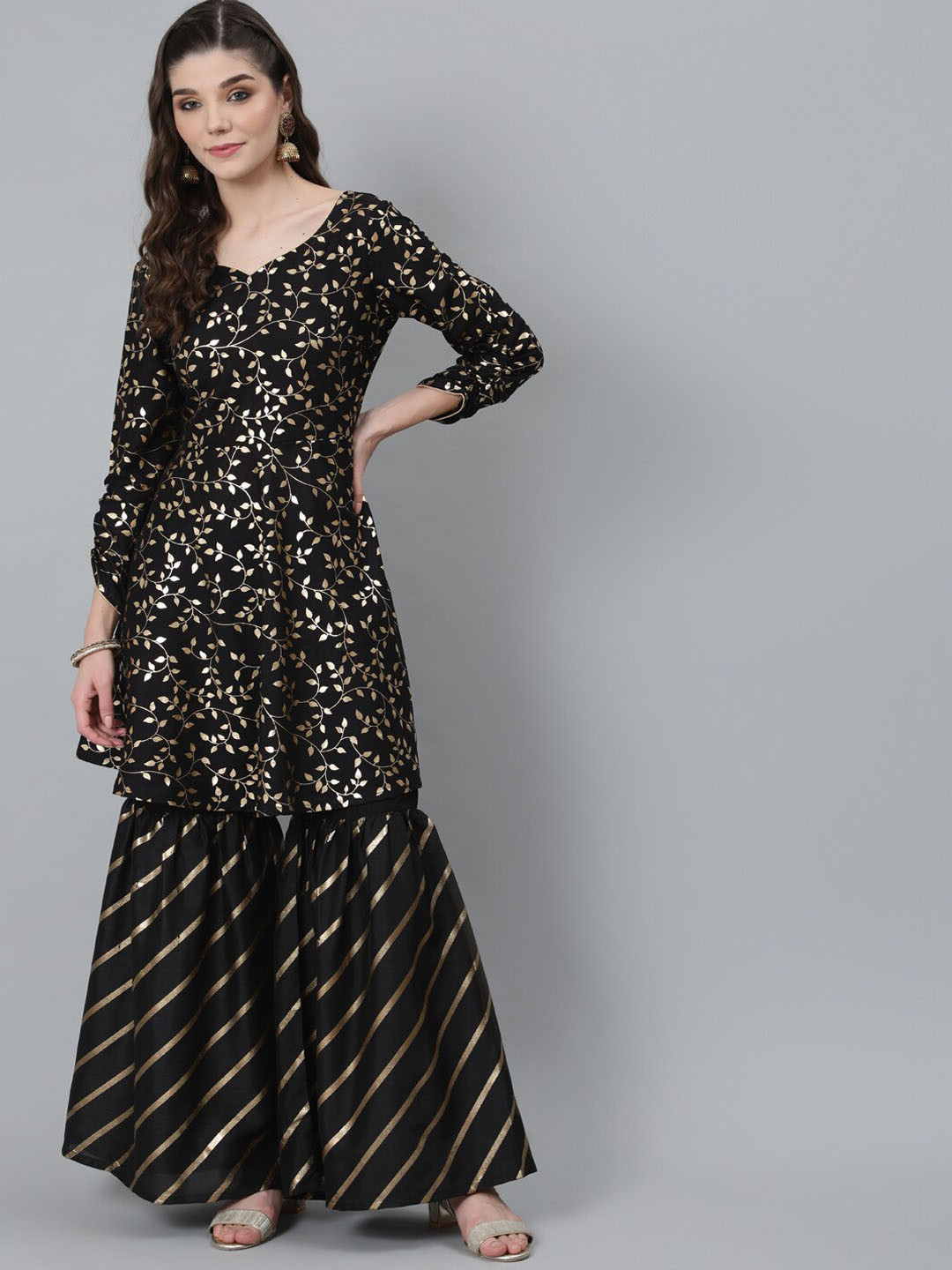 

AKS Floral Printed Foil A-Line Kurta With Sharara, Black