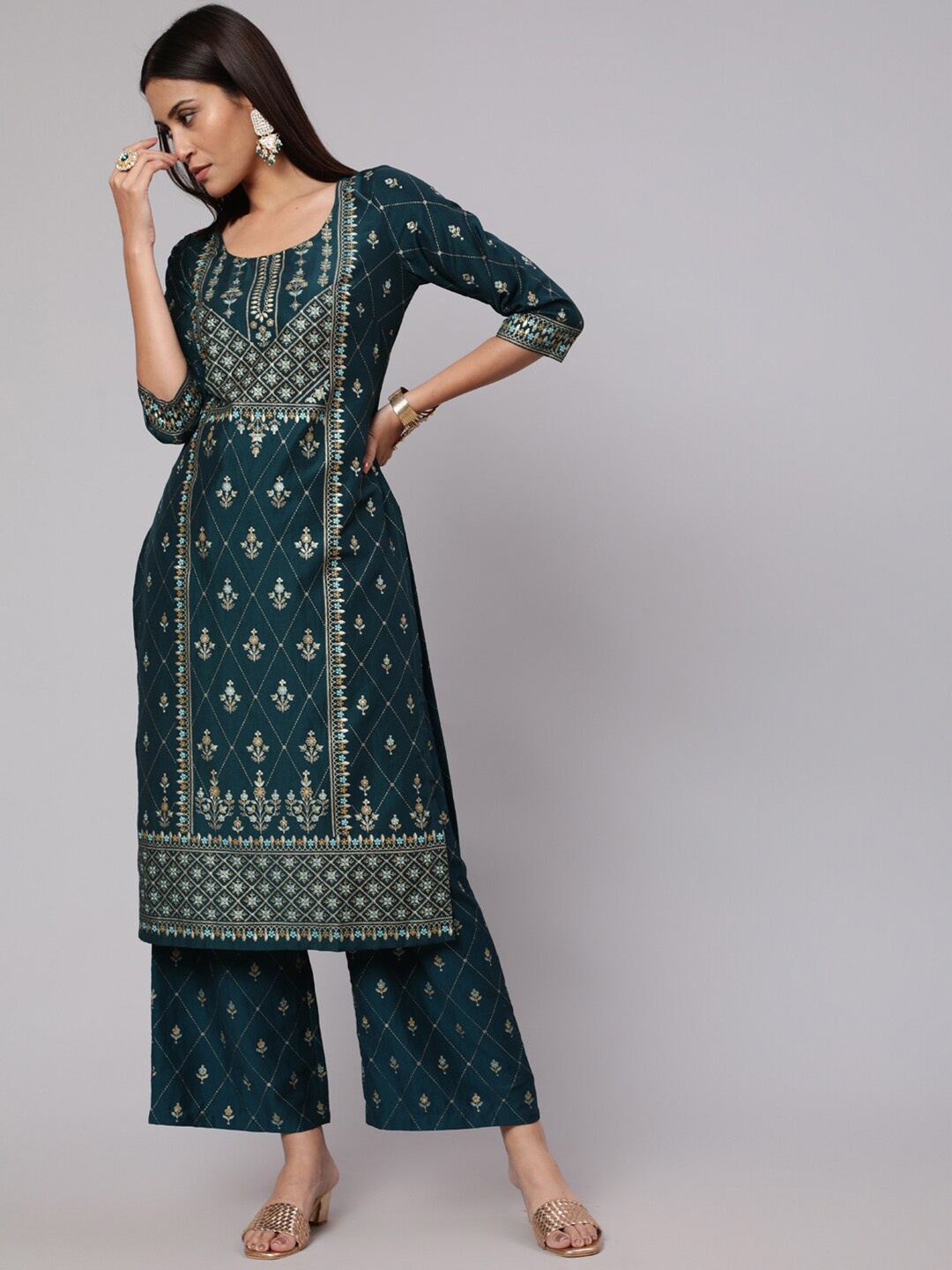

AKS Ethnic Motifs Printed Straight Kurta with Palazzos, Teal