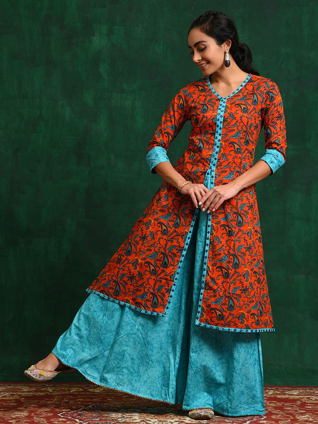 

AKS Paisley Printed Mirror Work Pure Cotton A-Line Kurta With Palazzos, Red