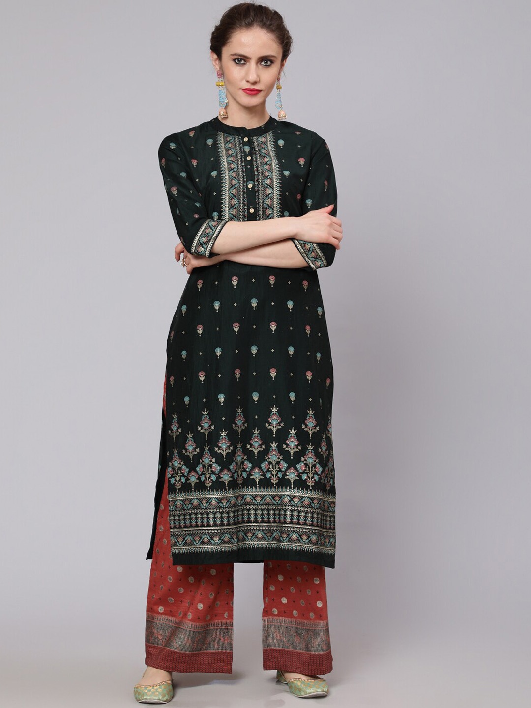 

AKS Ethnic Motifs Printed Band Collar Straight Kurta with Palazzos, Green
