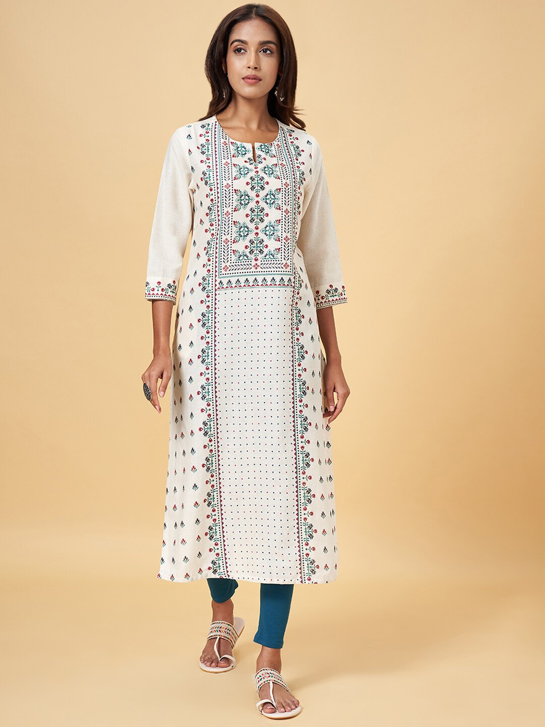 

RANGMANCH BY PANTALOONS Floral Embroidered Cotton Straight Kurta, Beige