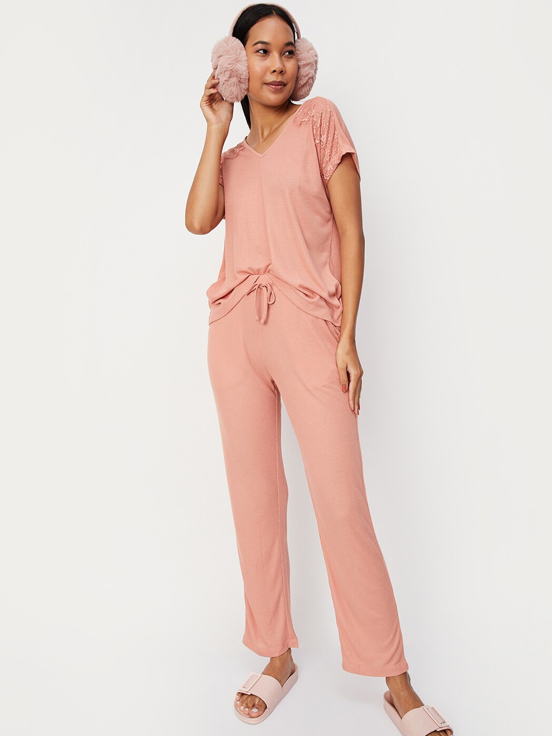 

max V-Neck Pure Cotton Night suit, Pink