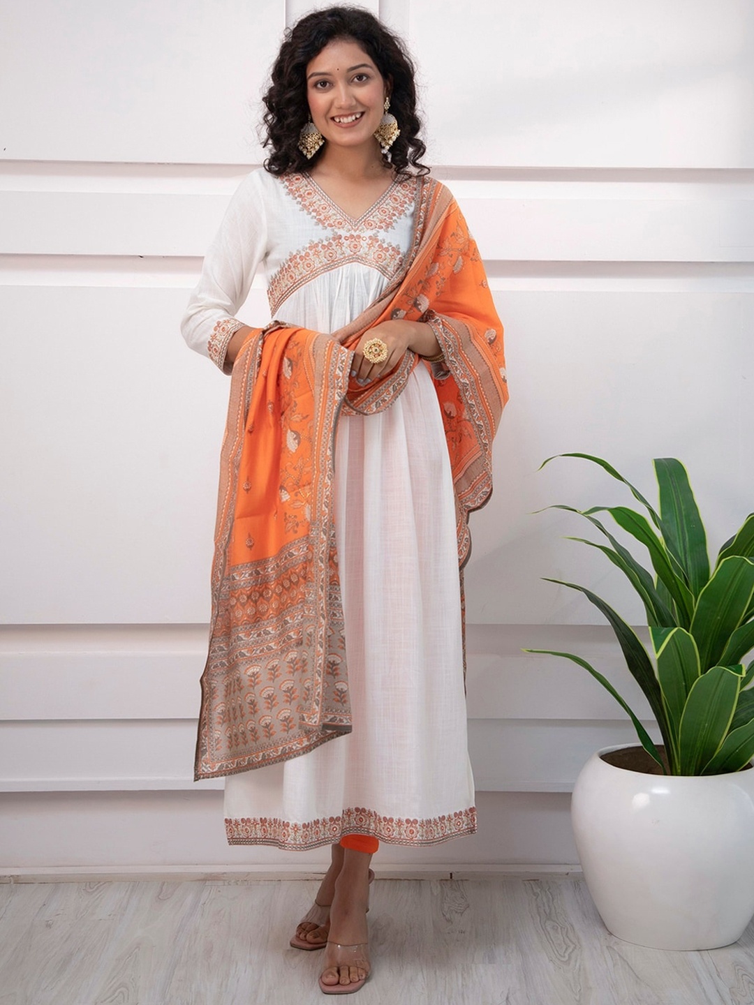

KALINI Floral Embroidered Mirror Work Anarkali Empire Kurta With Dupatta, White