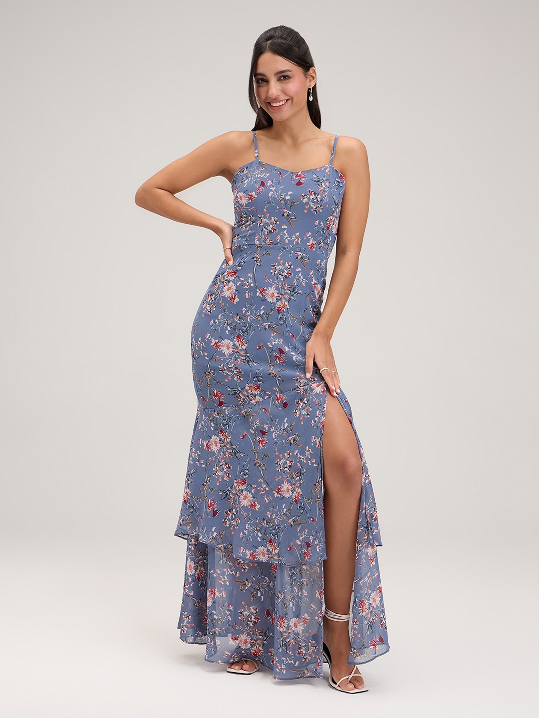 

20Dresses Grey Floral Printed Shoulder Straps Maxi Dress
