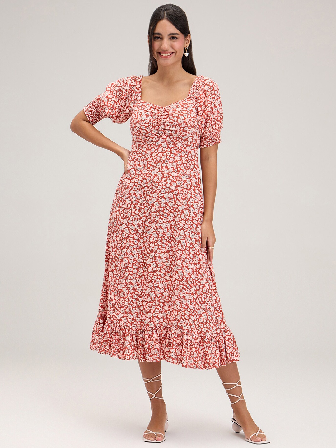 

20Dresses Floral Printed Sweetheart Neck Puff Sleeves Flounced A-Line Midi Dress, Orange