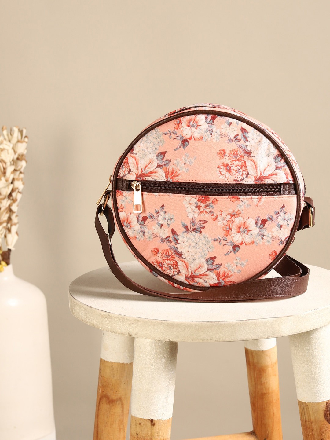 

DEEBACO Floral Printed Structured Sling Bag, Orange