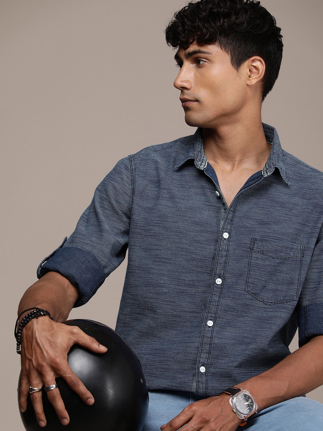 

The Roadster Life Co. Textured Pure Cotton Casual Shirt, Blue