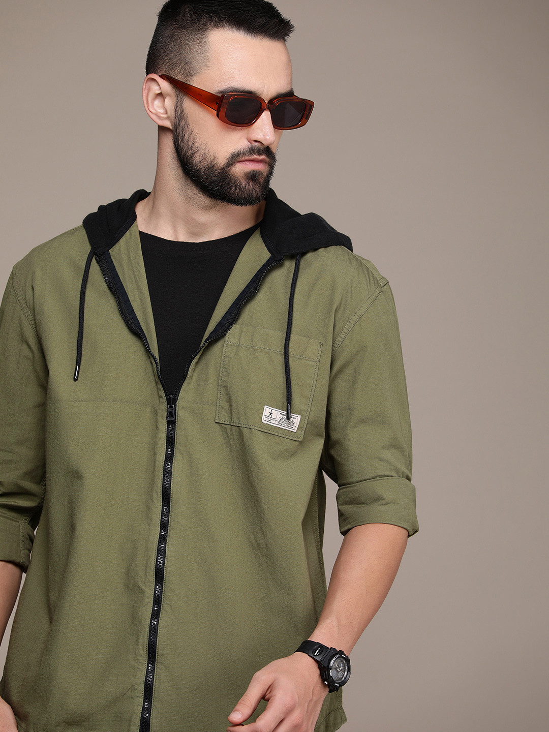 

The Roadster Life Co. Solid Relaxed Fit Pure Cotton Hooded Casual Shirt, Olive