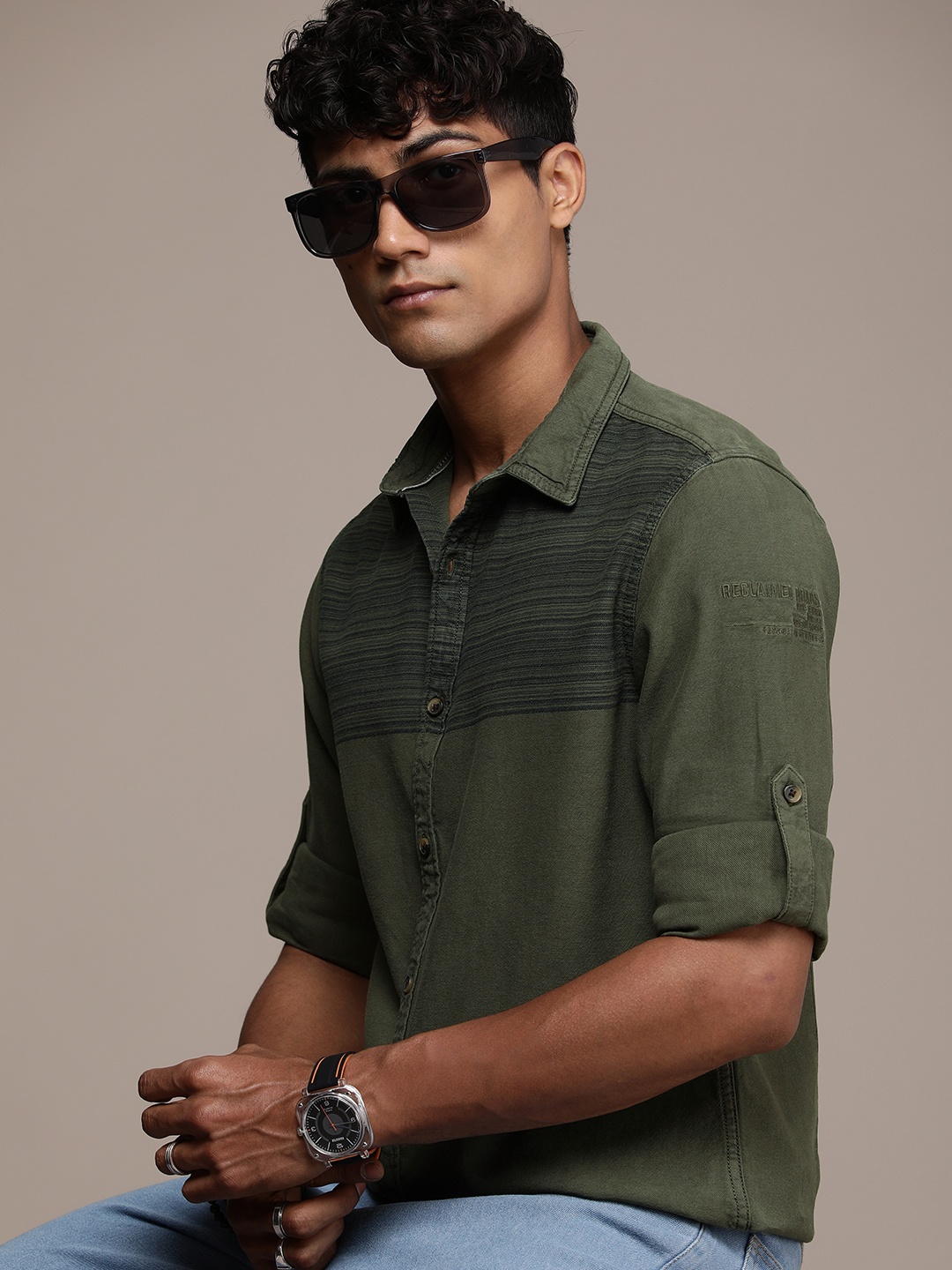 

The Roadster Life Co. Pure Cotton Striped Casual Shirt, Olive