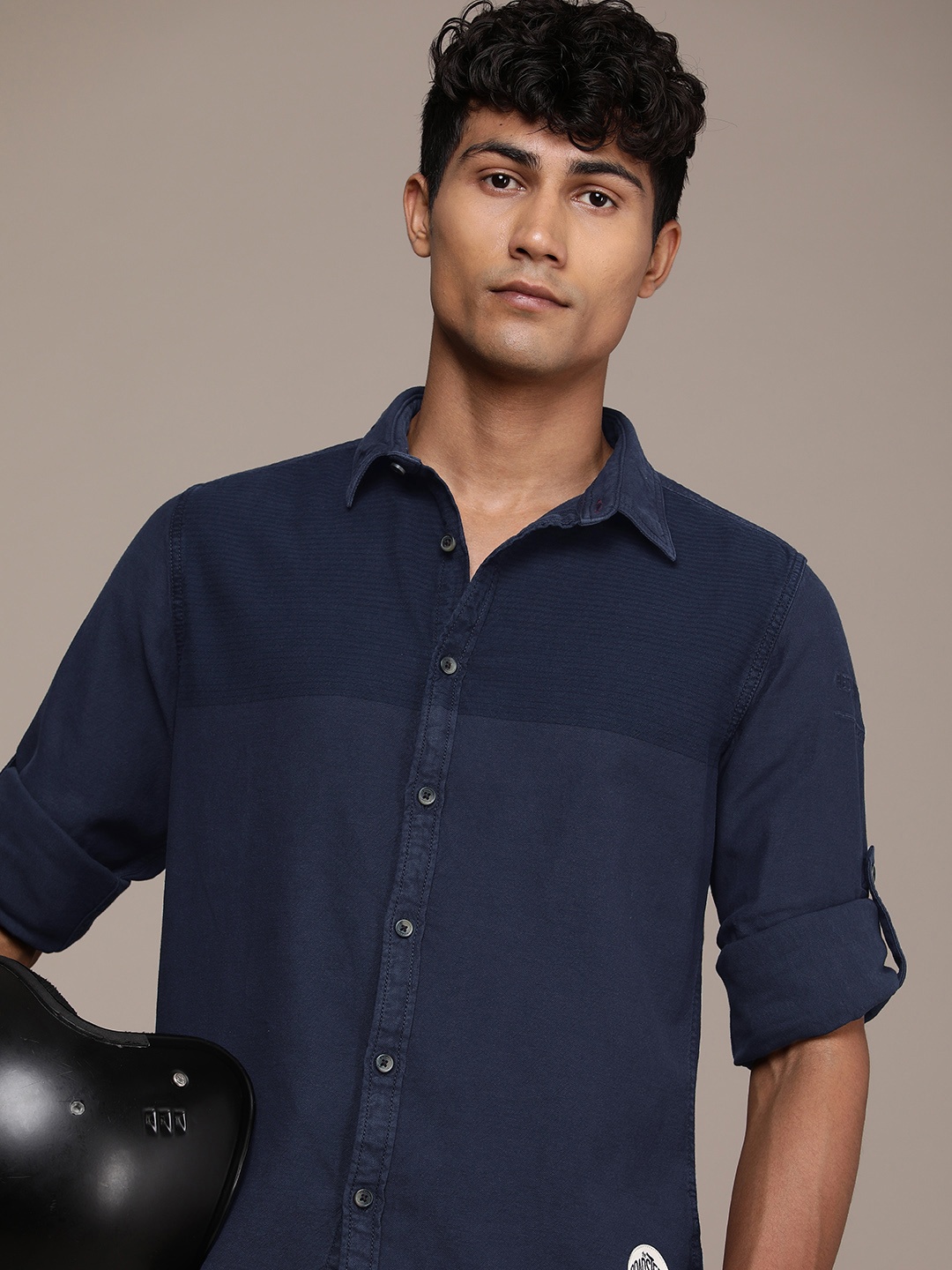 

The Roadster Life Co. Pure Cotton Horizontal Striped Casual Shirt, Navy blue