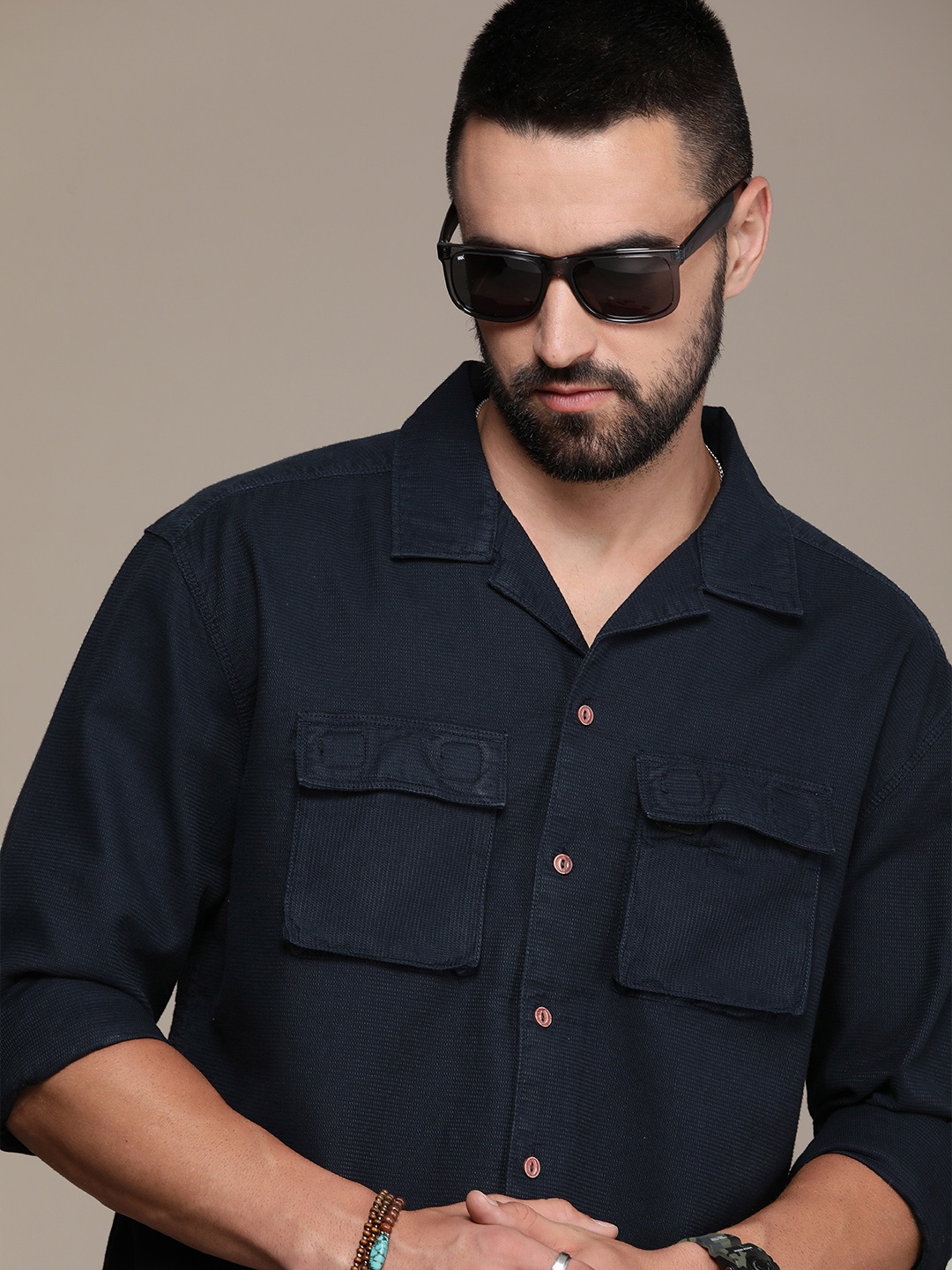 

The Roadster Life Co. Self Design Relaxed Fit Pure Cotton Casual Shirt, Navy blue