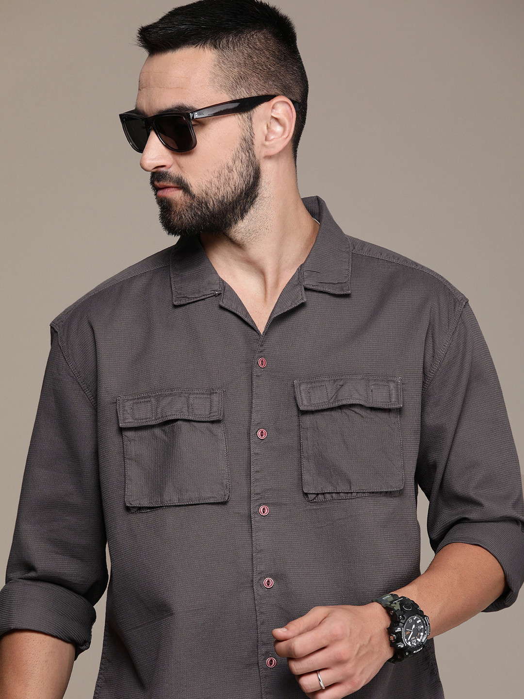 

The Roadster Life Co. Self Design Relaxed Fit Pure Cotton Casual Shirt, Grey