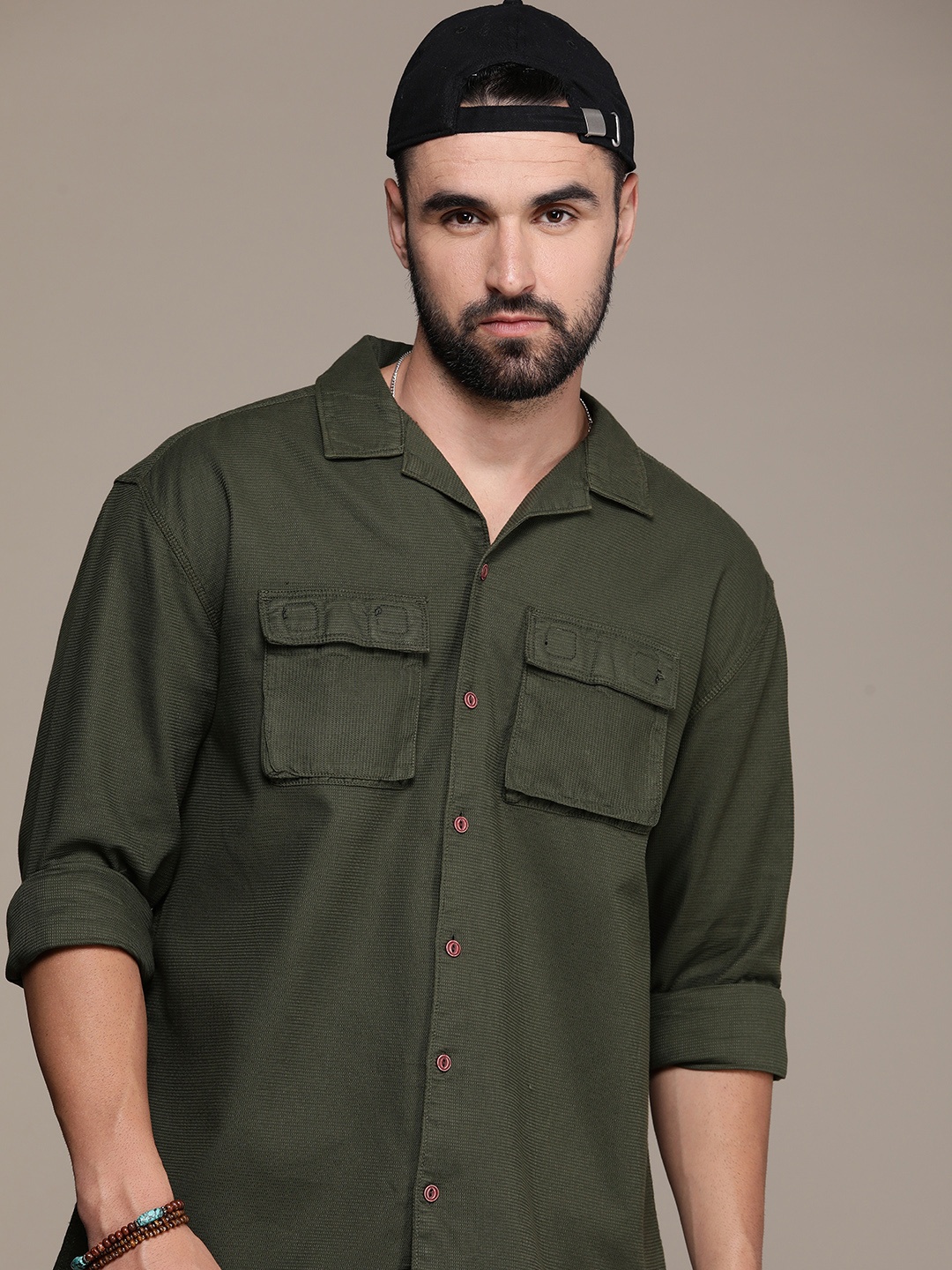 

The Roadster Life Co. Self Design Relaxed Fit Pure Cotton Casual Shirt, Olive