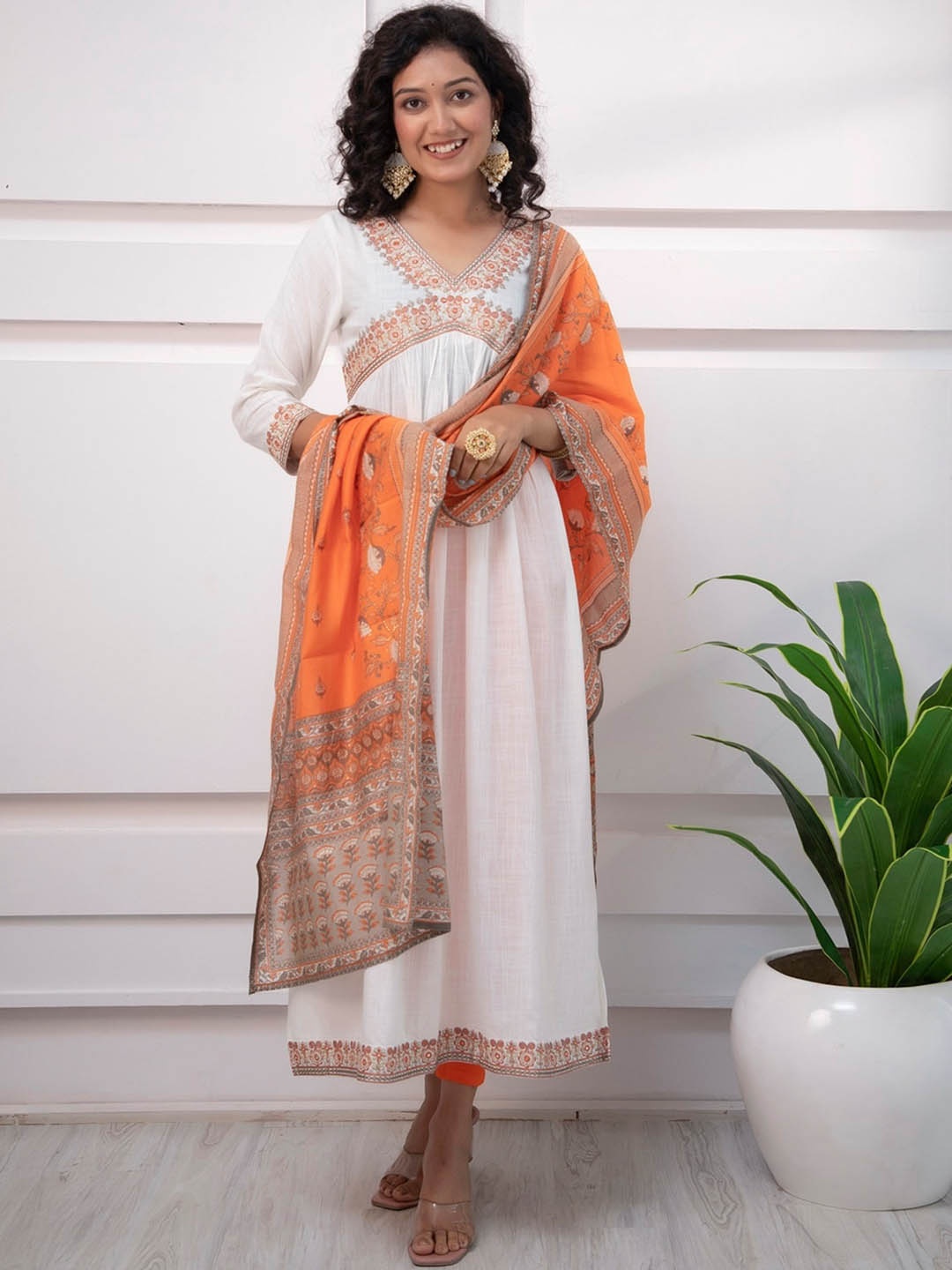 

Nehamta Floral Embroidered V-Neck Empire A-line Kurta with Dupatta, White