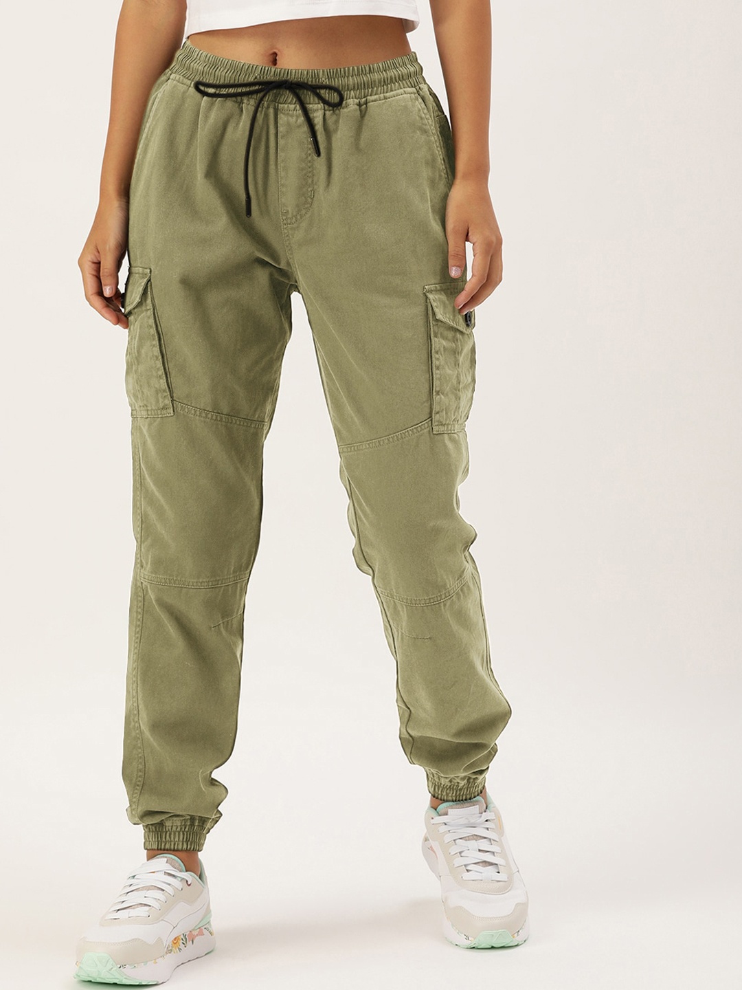 

IVOC Women Pure Cotton Mid-Rise Clean Look Cargo Styles Joggers Jeans, Olive