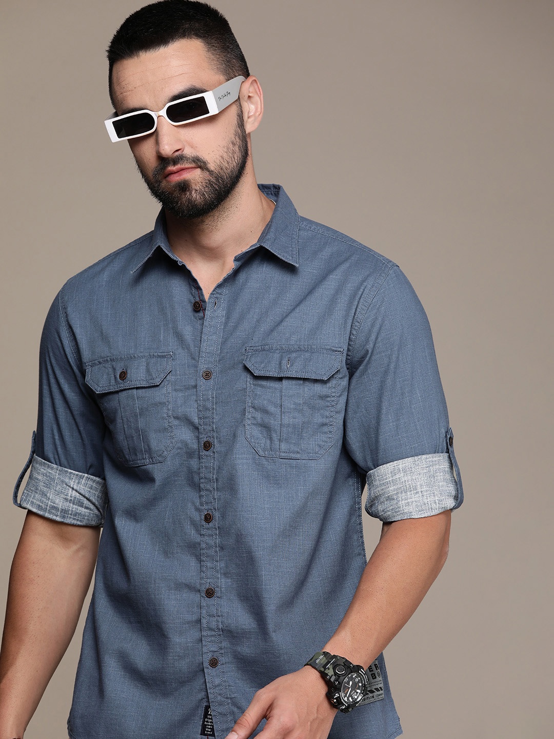 

The Roadster Life Co. Self Design Pure Cotton Casual Shirt, Blue