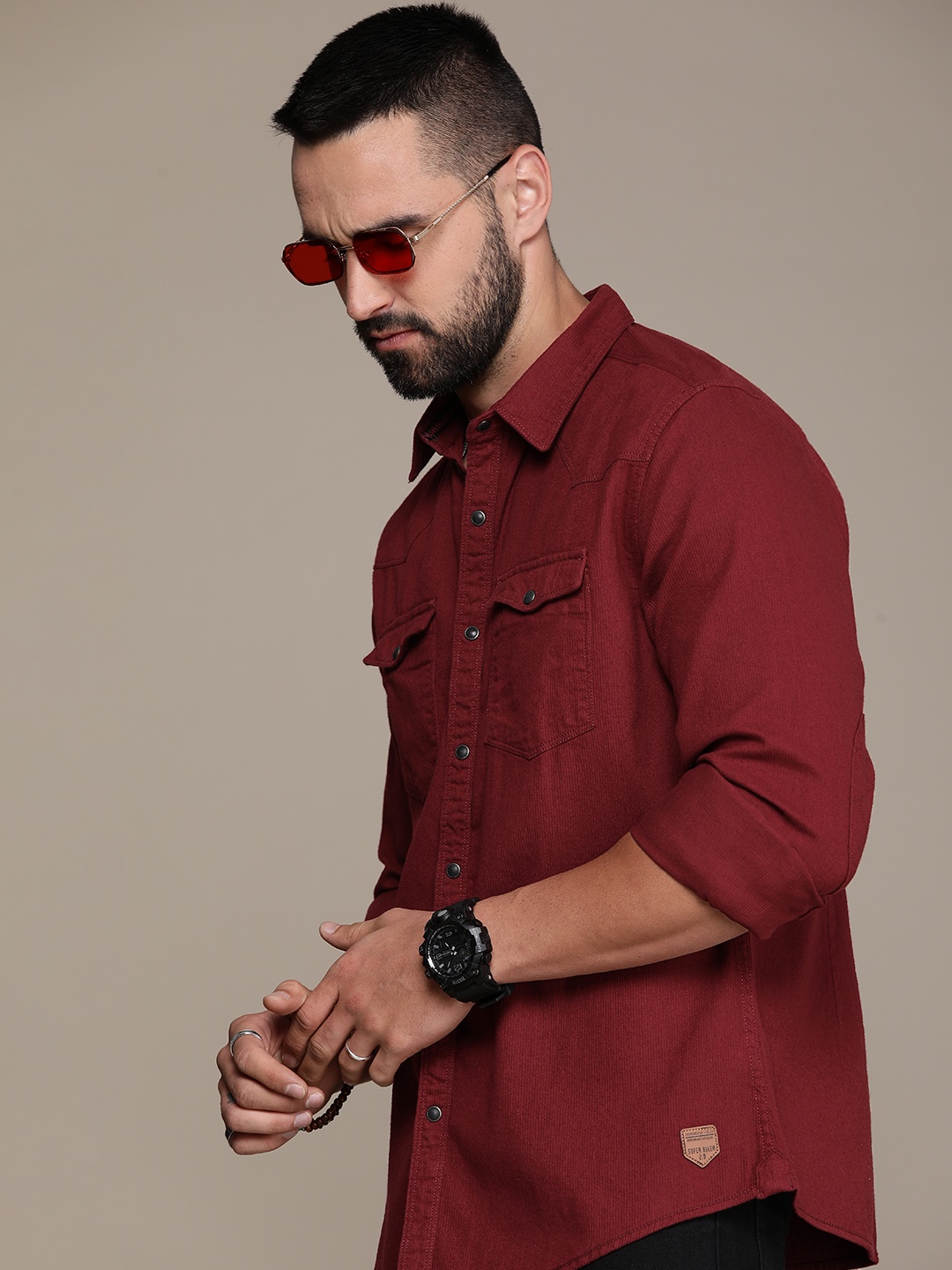 

The Roadster Life Co. Pure Cotton Spread Collar Corduroy Opaque Casual Shirt, Maroon