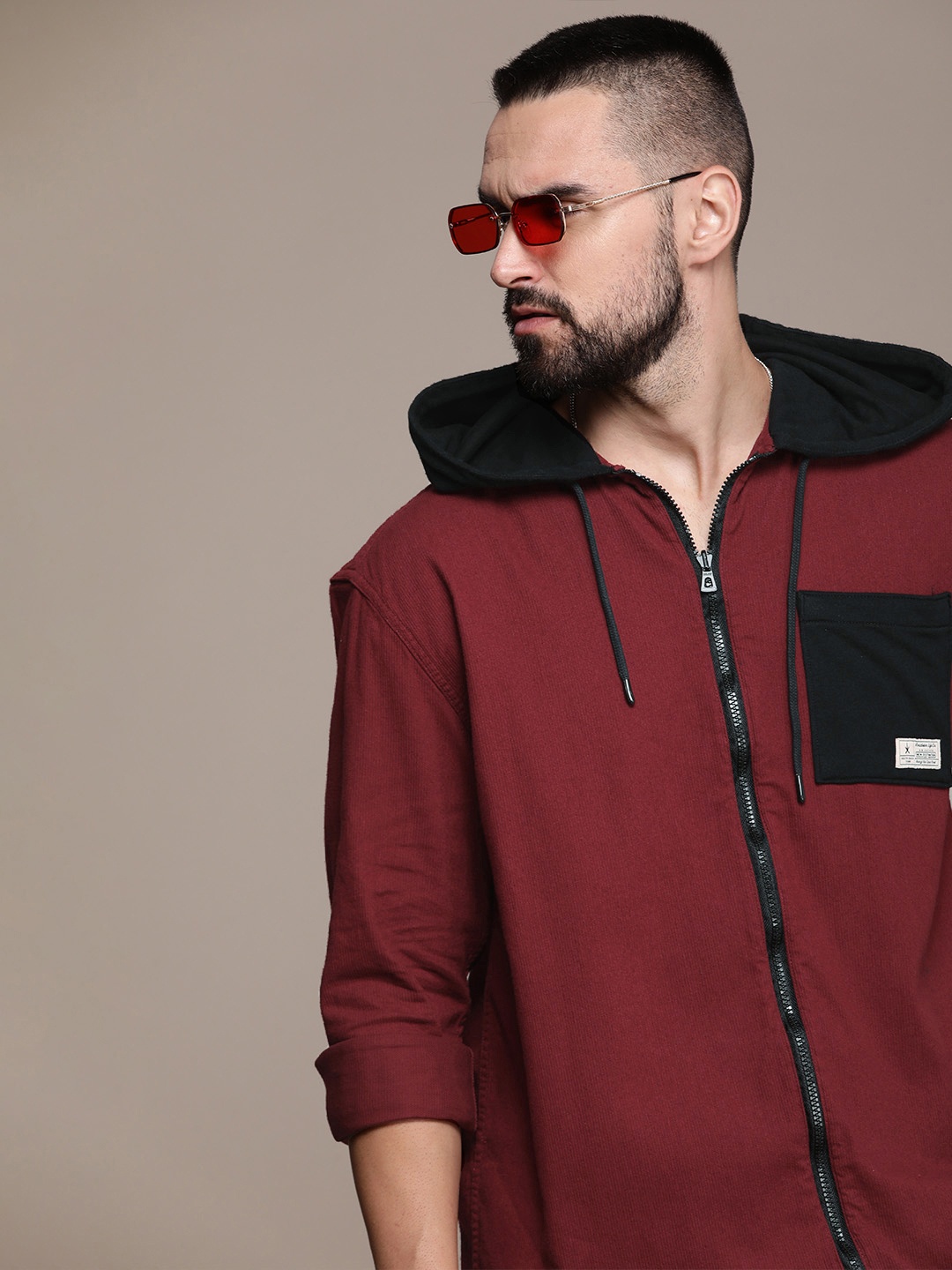 

The Roadster Lifestyle Co. Ribbed Pure Cotton Hooded Casual Shirt, Red