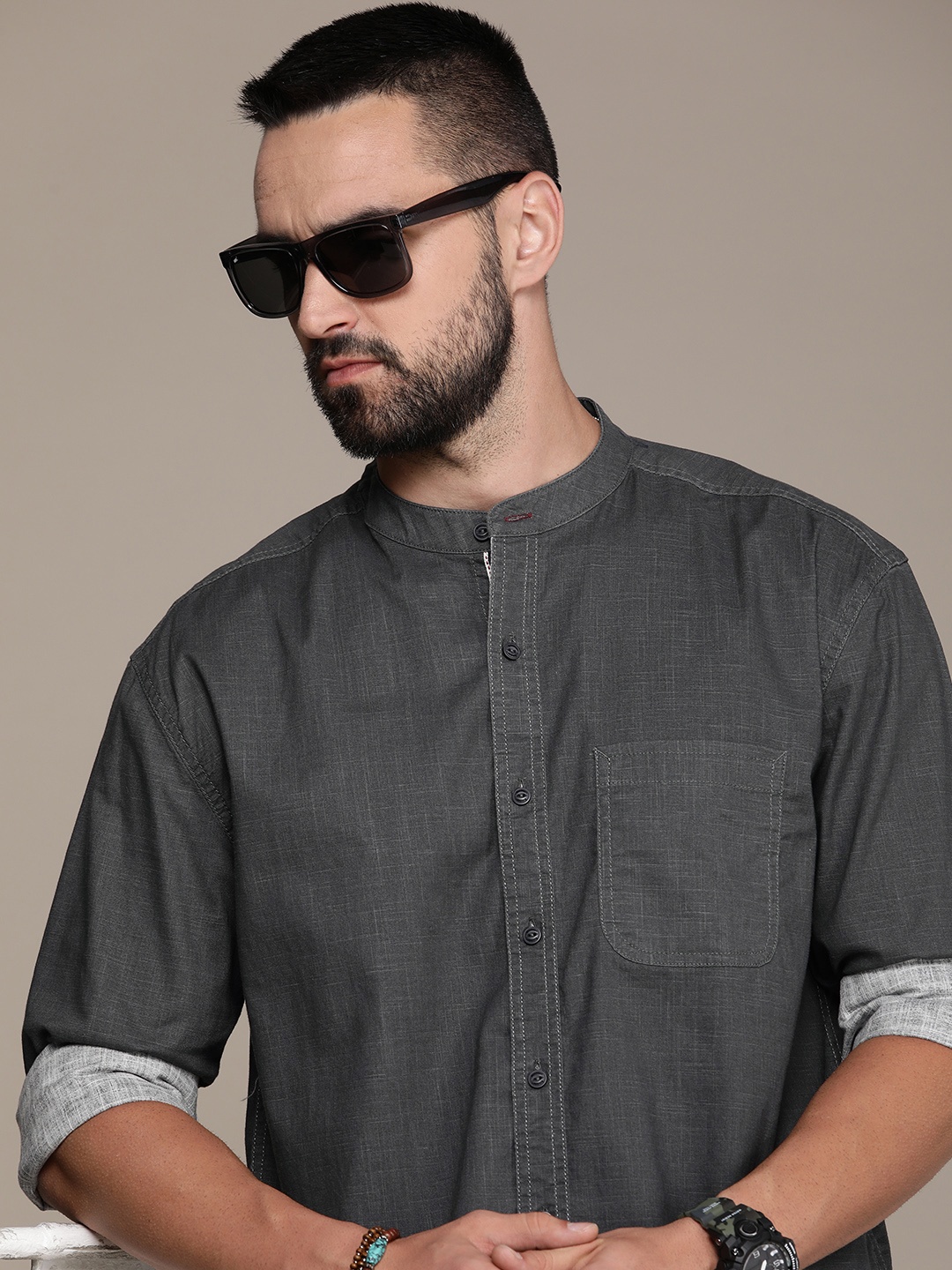 

The Roadster Life Co. Self Design Relaxed Fit Pure Cotton Casual Shirt, Grey