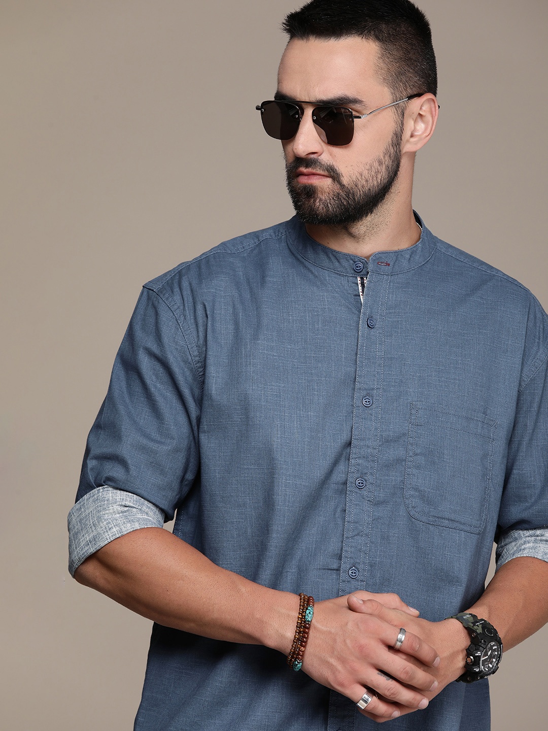 

The Roadster Life Co. Self Design Relaxed Fit Pure Cotton Casual Shirt, Blue