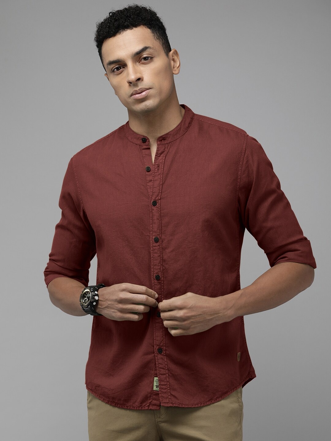 

Roadster Mandarin Collar Cotton Linen Casual Shirt, Rust