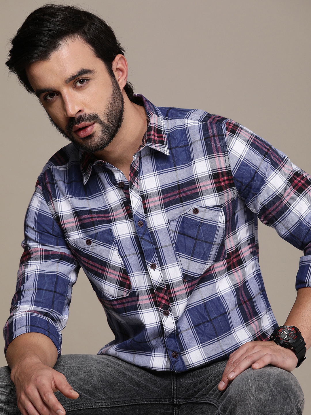 

The Roadster Life Co. Checked Pure Cotton Casual Shirt, Blue