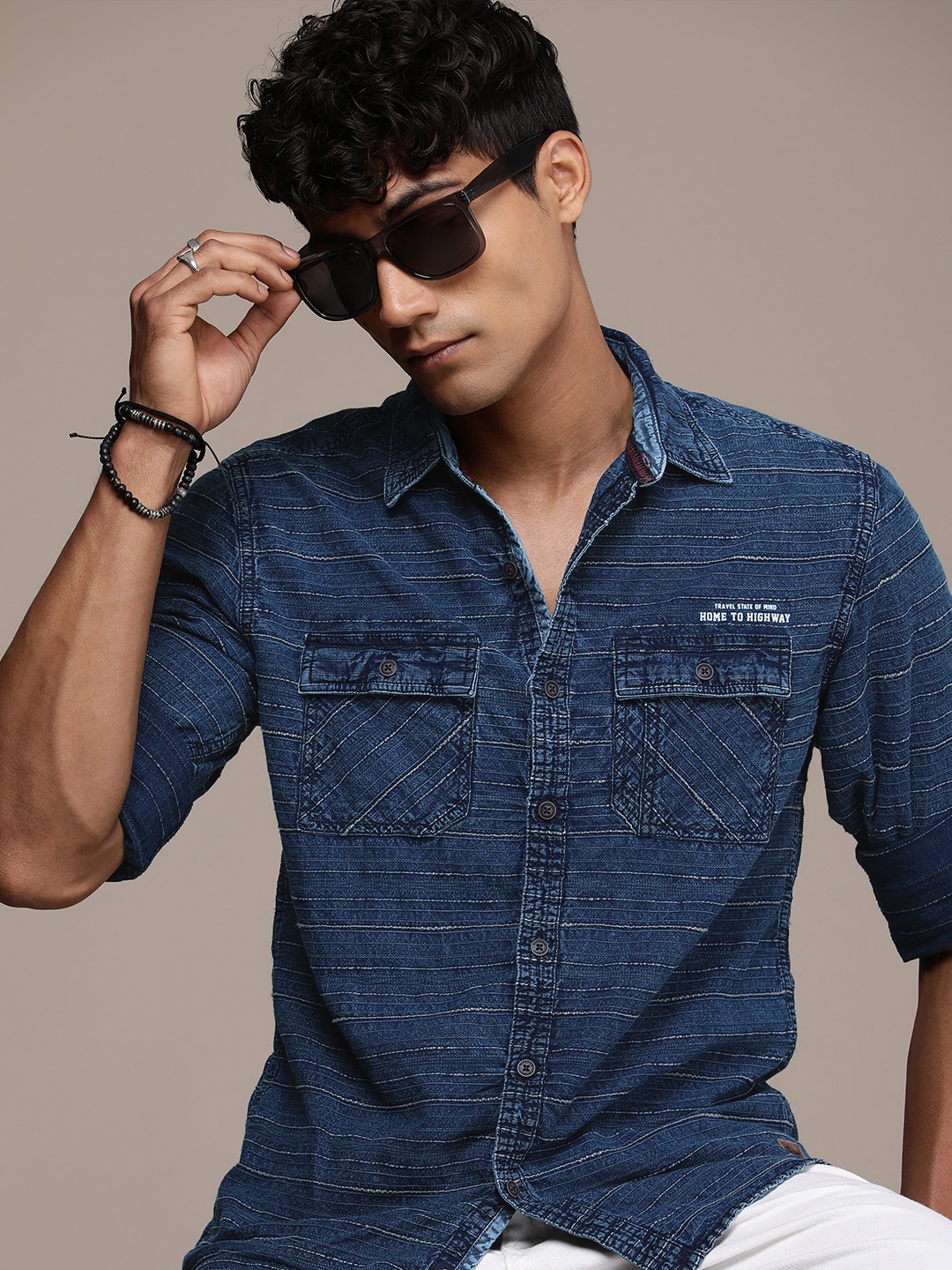 

The Roadster Life Co. Self-Striped Cotton Casual Shirt, Blue