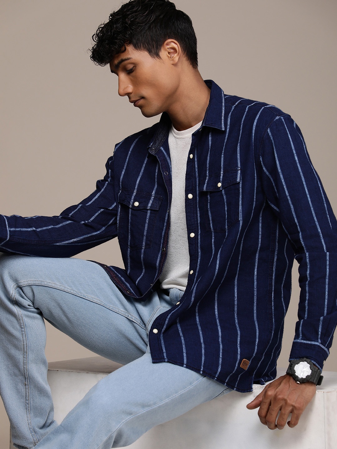 

The Roadster Life Co. Pure Cotton Self striped Casual Shirt, Blue