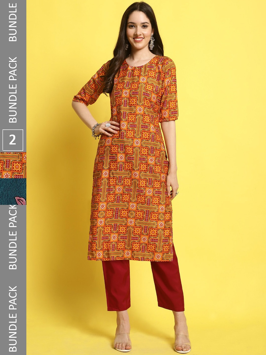 

7Threads Selection Of 2 Floral Printed Regular Kurta with Trousers, Yellow