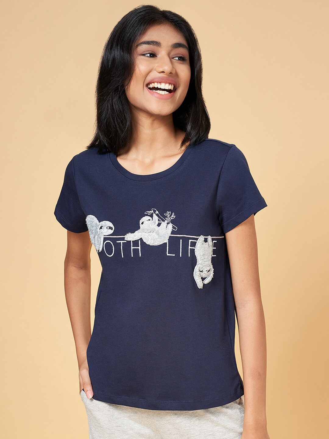 

Dreamz by Pantaloons Printed Cotton Lounge T-Shirt, Navy blue