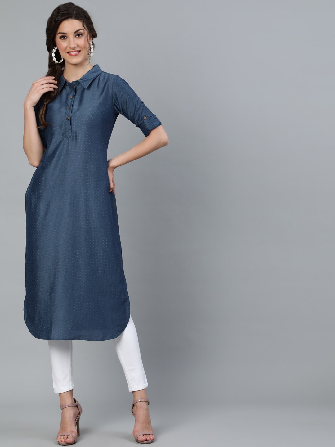 

AKS Couture Shirt Collar Roll-Up Sleeves Silk Straight Kurta, Blue