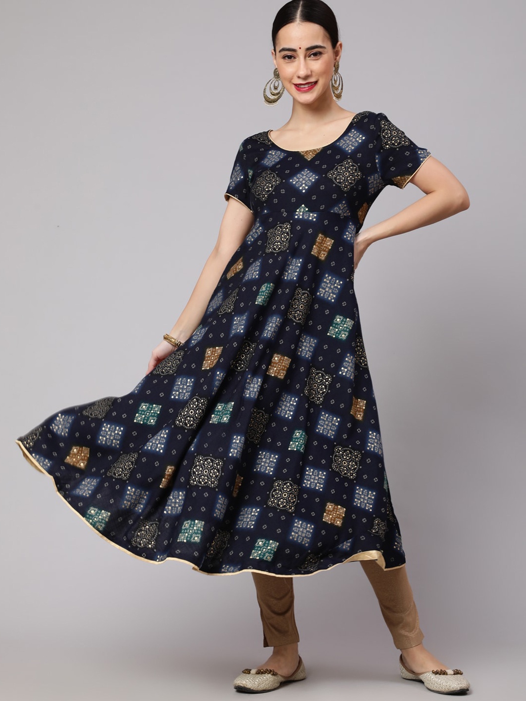 

AKS Couture Ethnic Motifs Bandhani Printed Anarkali Kurta, Navy blue