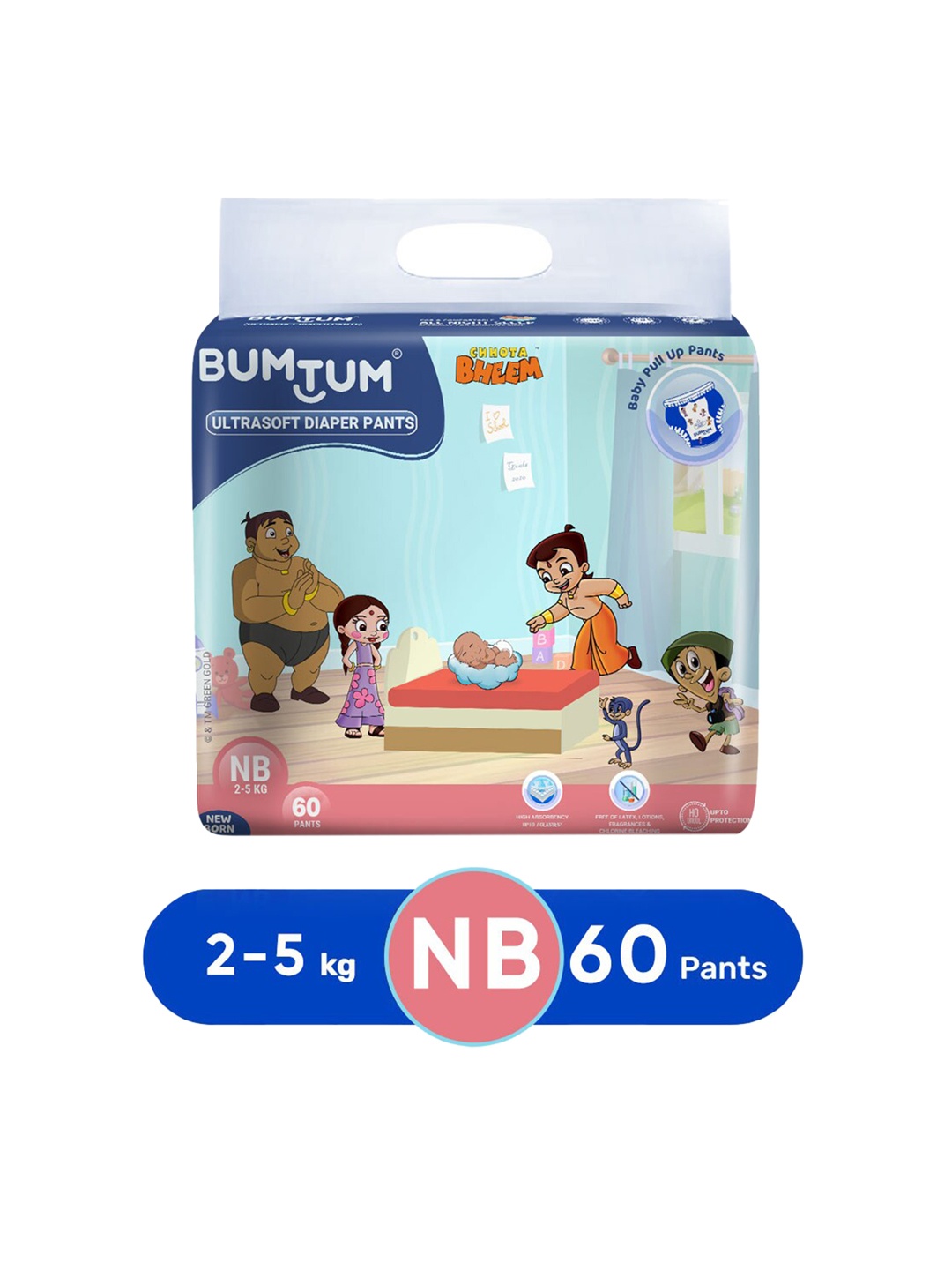 

BUMTUM Set Of 60 Chota Bheem Printed New Born Baby Diapers, White
