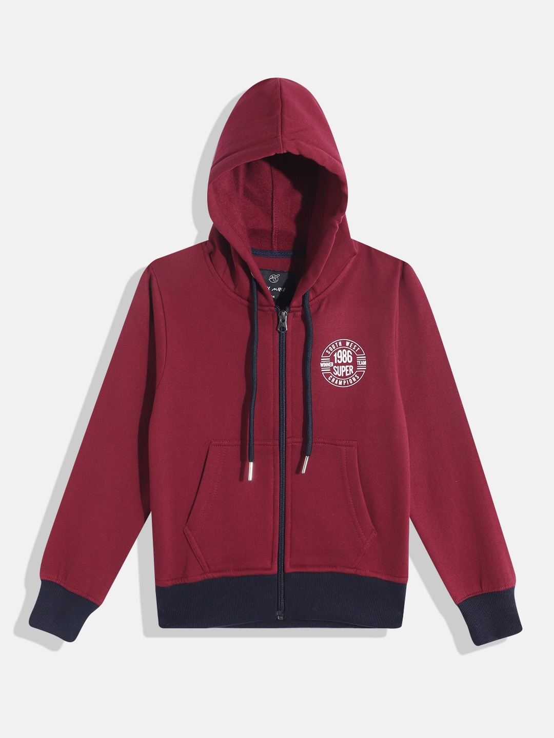 

Little Marco Boys Typography Printed Detail Hooded Front-Open Sweatshirt, Maroon