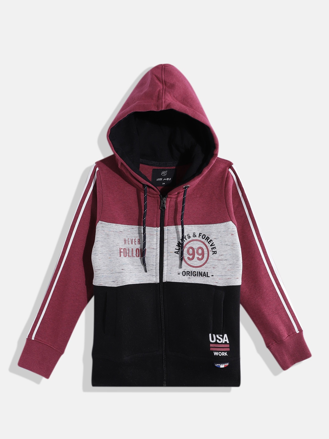 

Little Marco Boys Colourblocked Hooded Front-Open Sweatshirt with Printed Detail, Maroon