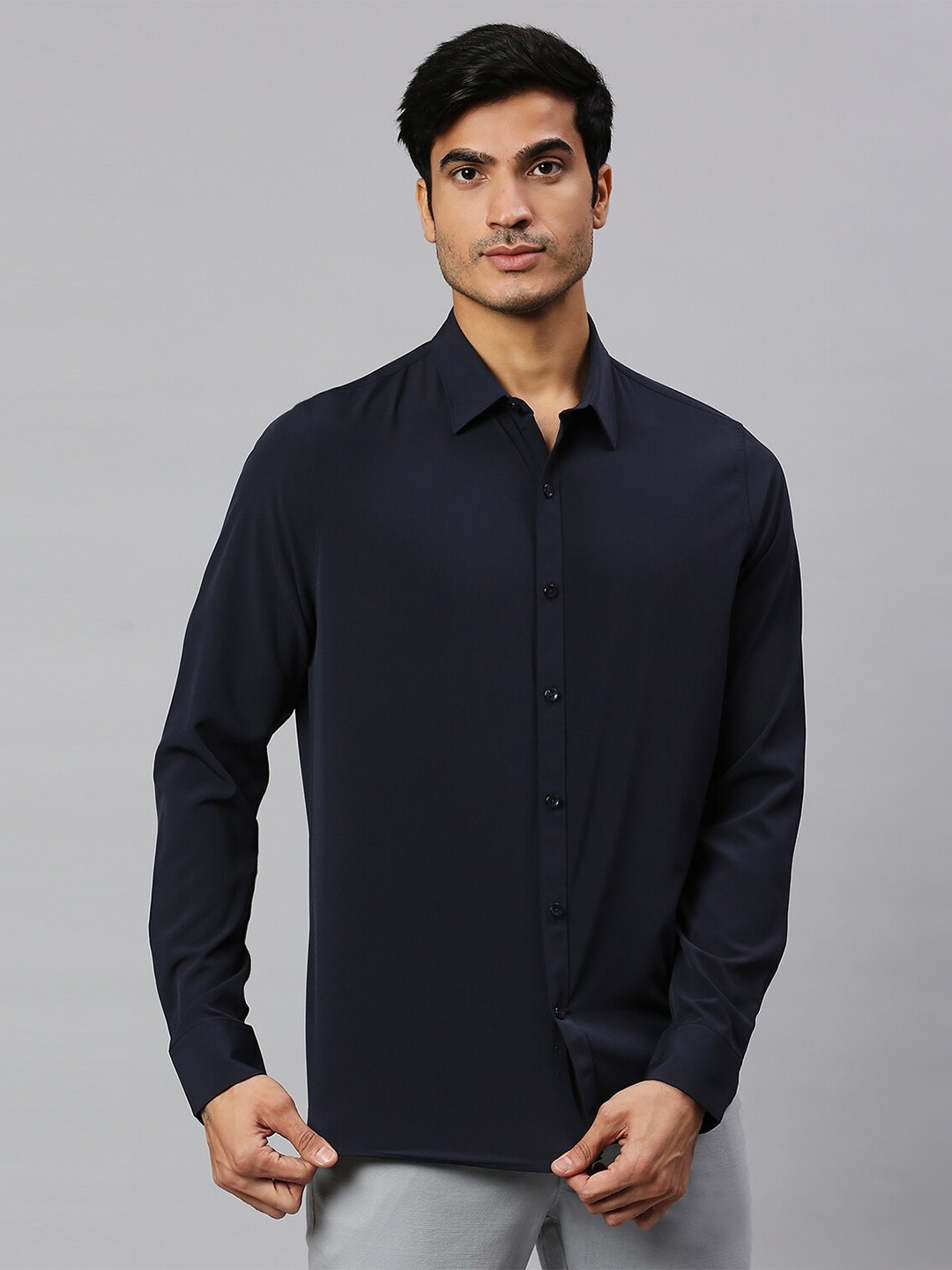 

Thomas Scott Classic Slim Fit 4 Way Stretch Spread Collar Casual Shirt, Navy blue