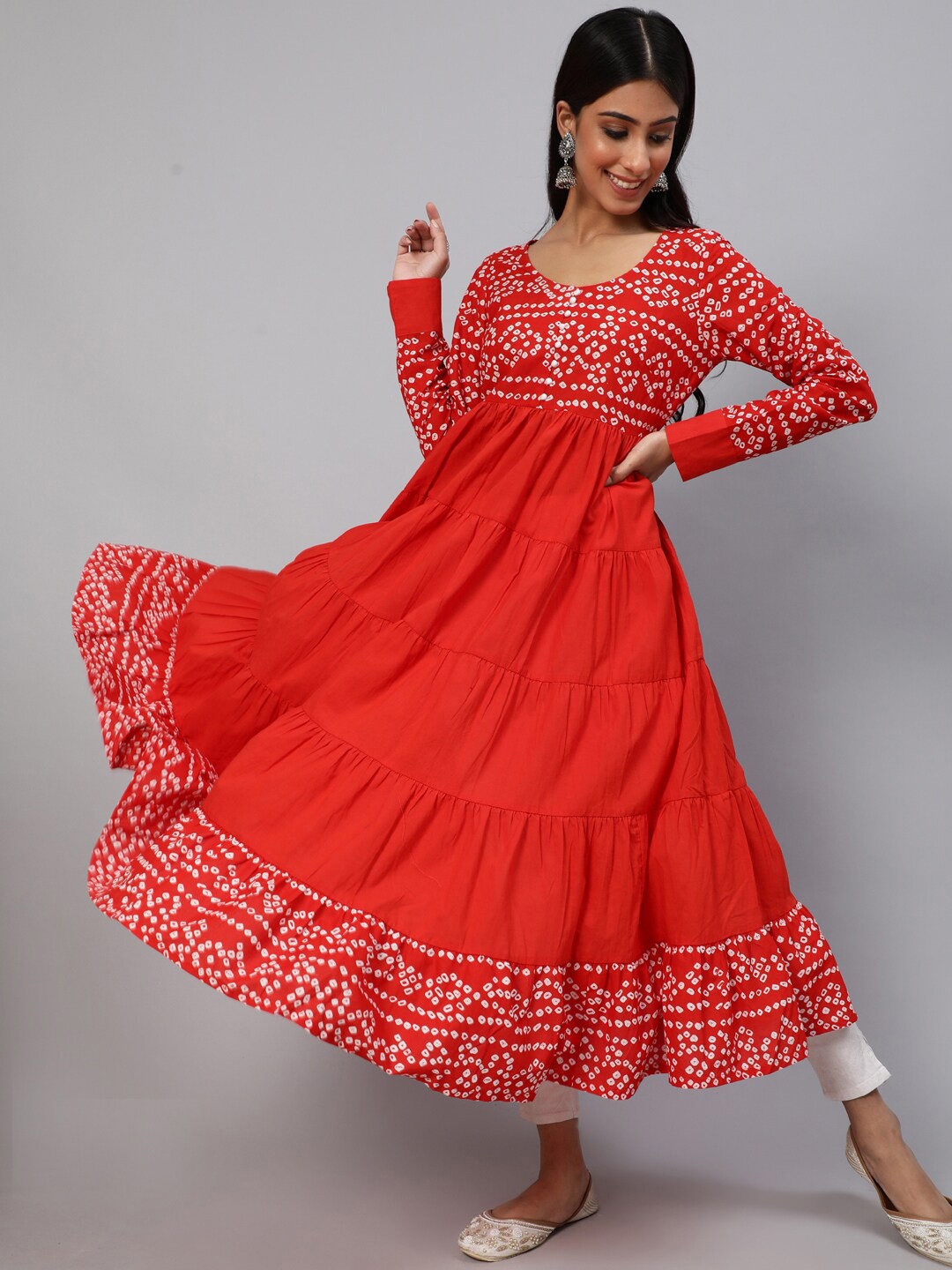 

AKS Bandhani Yoke Design Long Sleeves Cotton Anarkali Kurta, Red
