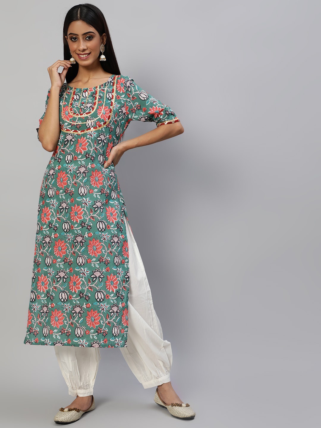 AKS Floral Printed Round Neck Cotton Straight Kurta, Green