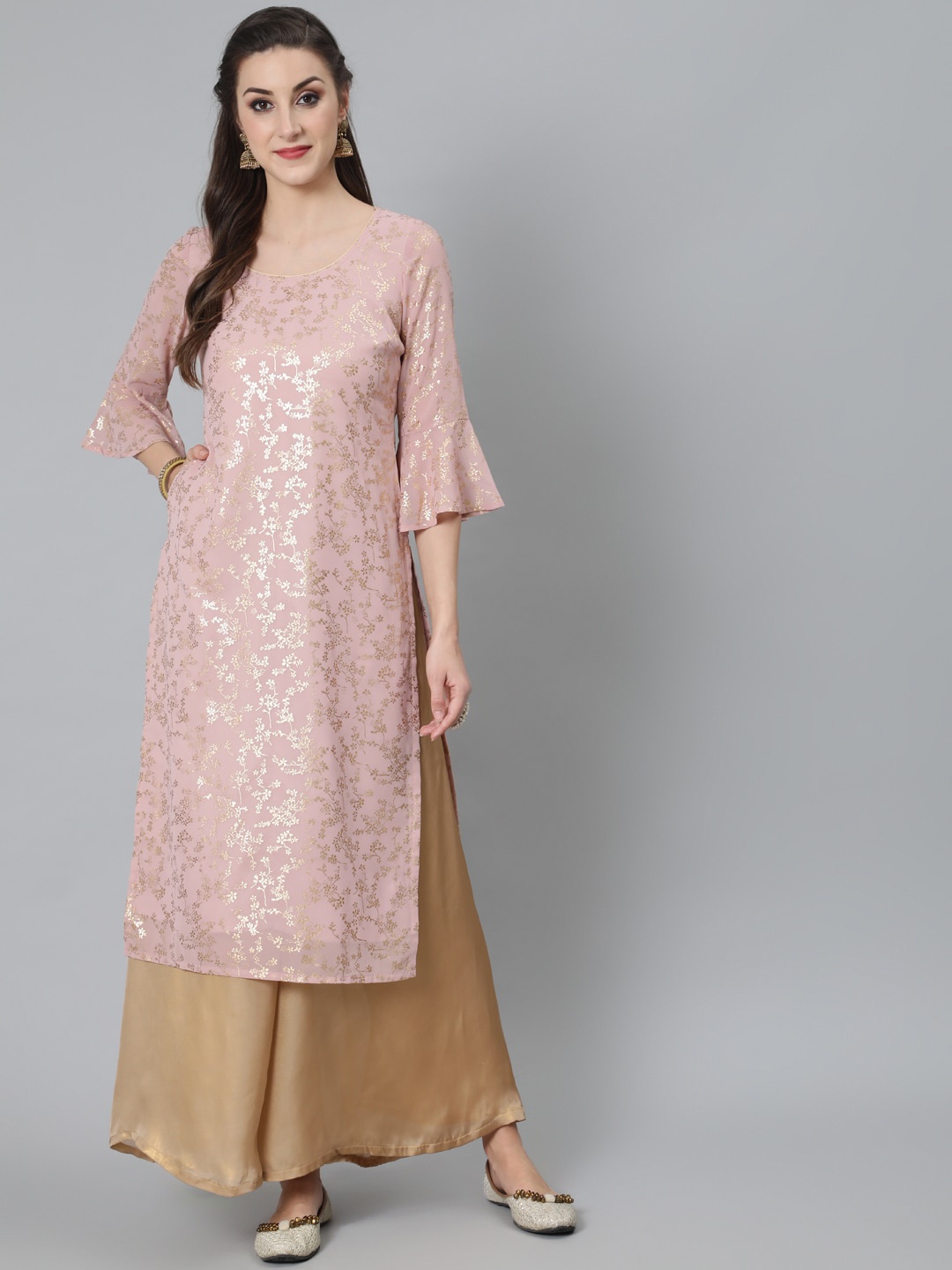 

AKS Floral Printed Bell Sleeves Kurta, Pink